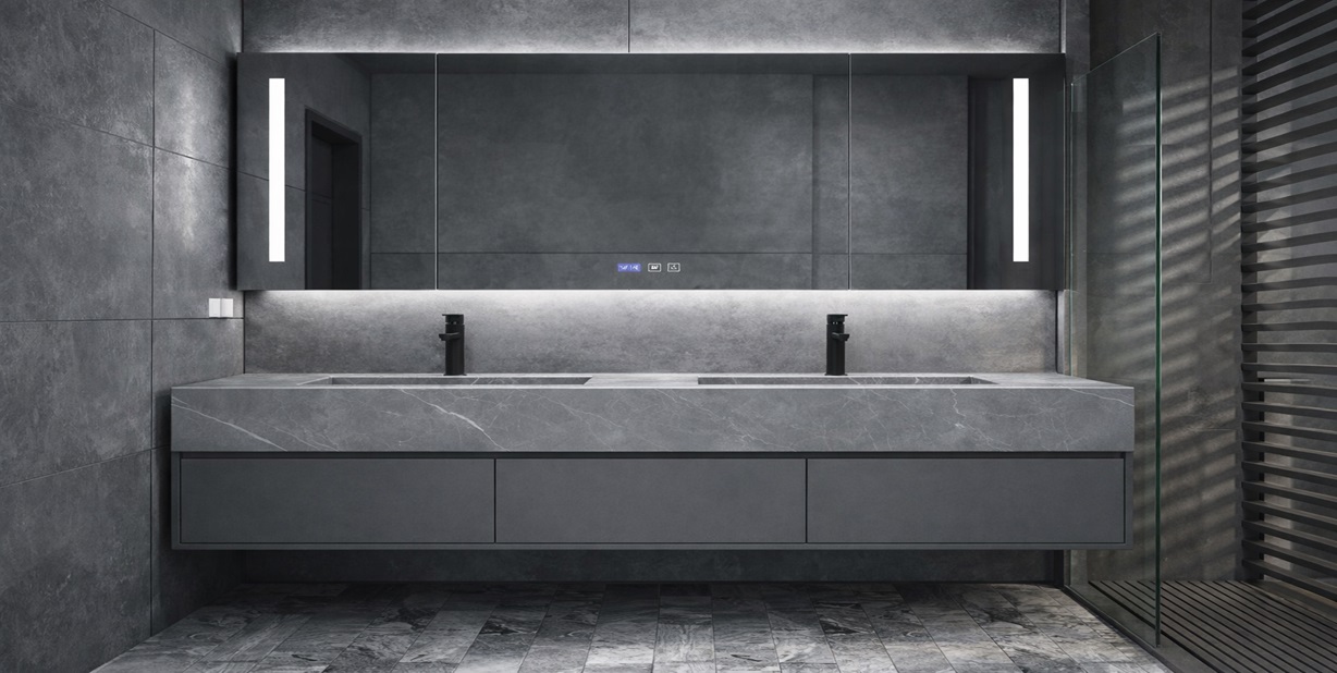 Floating all in one bathroom sink vanity cabinet with integrated sink for hotel projects